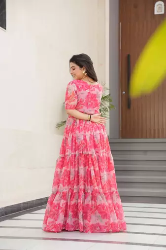 Peach georgette printed fully flared gown