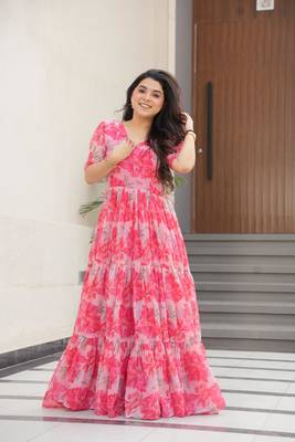 Peach georgette printed fully flared gown 4
