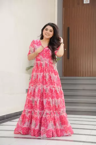 Peach georgette printed fully flared gown