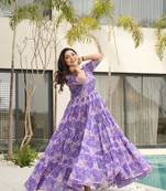 Purple georgette printed fully flared gown