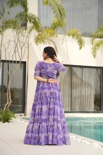 Purple georgette printed fully flared gown