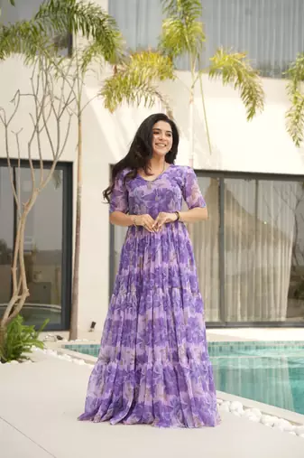 Purple georgette printed fully flared gown