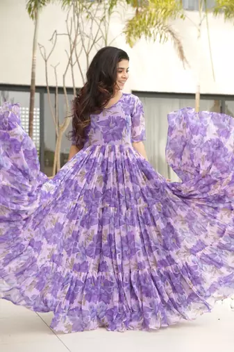 Purple georgette printed fully flared gown