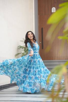 Sky blue georgette printed fully flared gown 1