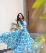 Sky blue georgette printed fully flared gown