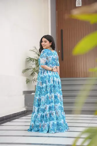 Sky blue georgette printed fully flared gown