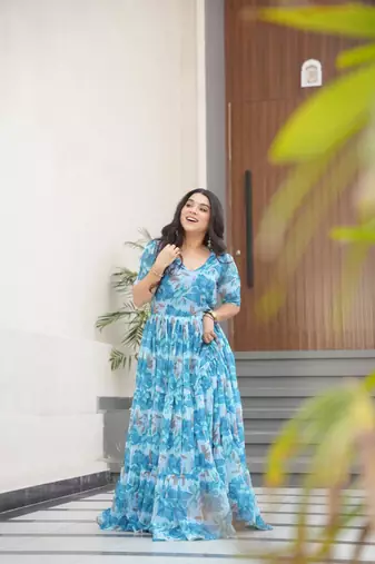 Sky blue georgette printed fully flared gown