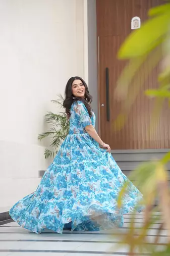 Sky blue georgette printed fully flared gown