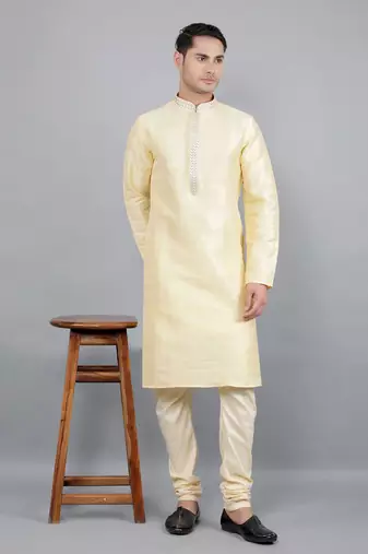 fawn colour woven design kurta sets