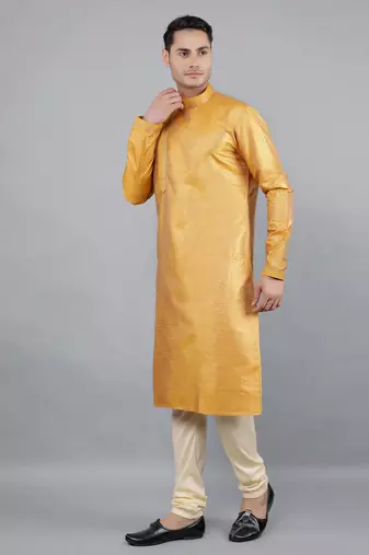 mustard colour jacquard design kurta sets