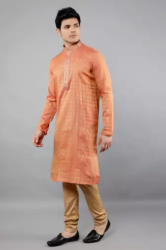 peach colour brocade design kurta sets