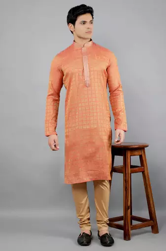 peach colour brocade design kurta sets