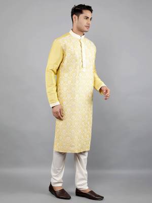 yellow colour woven design kurta sets 3