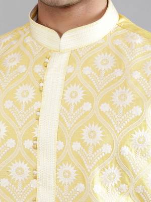 yellow colour woven design kurta sets 4