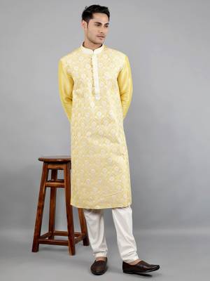 yellow colour woven design kurta sets 5