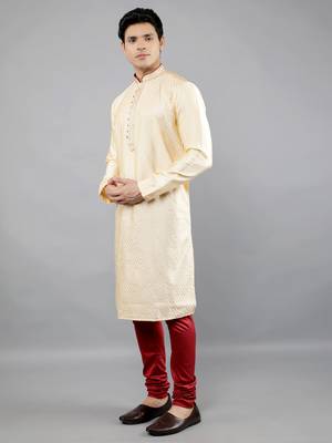 fawn colour woven design kurta sets 3
