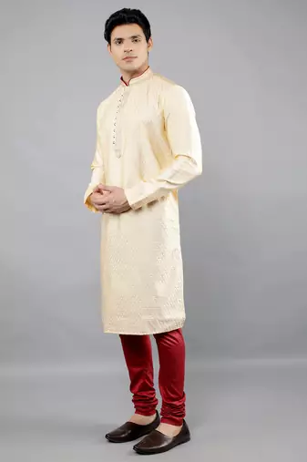 fawn colour woven design kurta sets