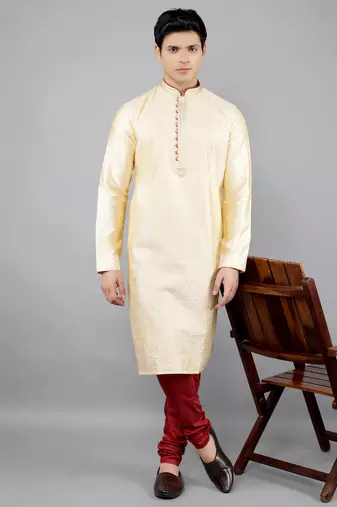 fawn colour woven design kurta sets