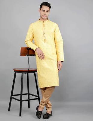 yellow colour jacquard design kurta sets 5