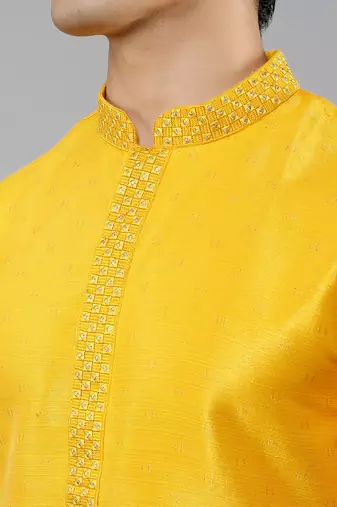 mustard colour woven design kurta sets