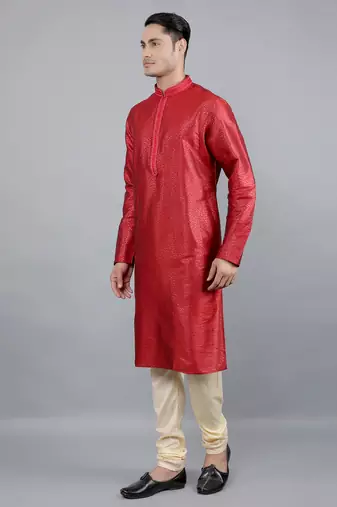 maroon colour woven design kurta sets
