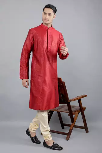maroon colour woven design kurta sets
