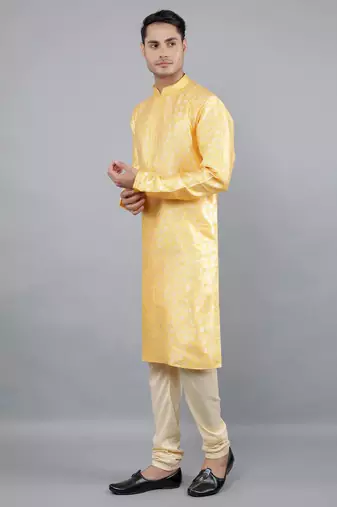 mustard colour jacquard design kurta sets
