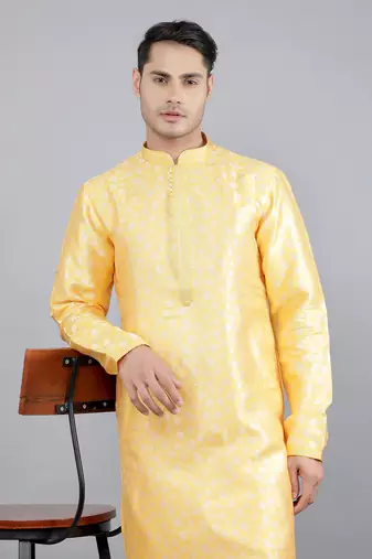 mustard colour jacquard design kurta sets