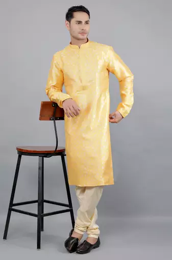 mustard colour jacquard design kurta sets