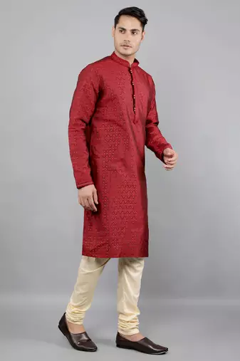maroon colour jacquard design kurta sets