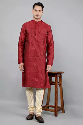 maroon colour jacquard design kurta sets