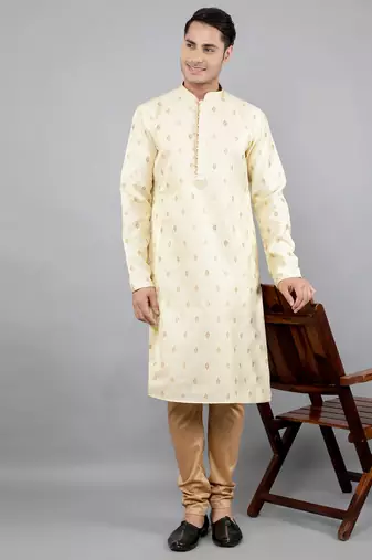 fawn colour woven design kurta sets