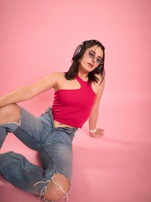 Pink asymmetric neckline crop top 1