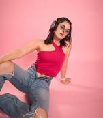 Pink asymmetric neckline crop top