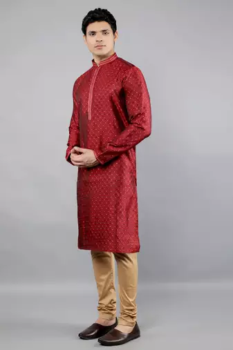 maroon colour woven design kurta sets