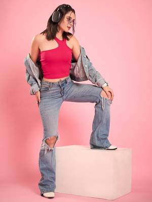 Pink asymmetric neckline crop top 2