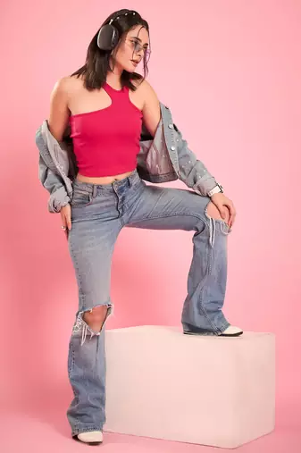 Pink asymmetric neckline crop top