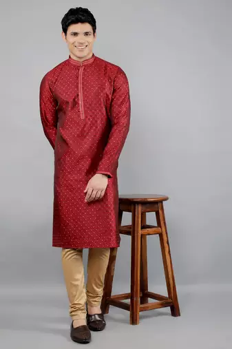 maroon colour woven design kurta sets