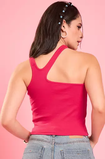 Pink asymmetric neckline crop top