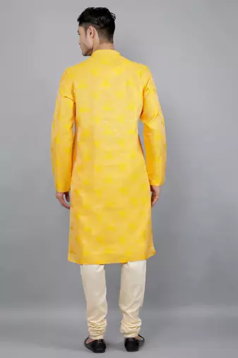 mustard colour woven design kurta sets