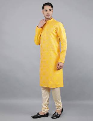 mustard colour woven design kurta sets 3