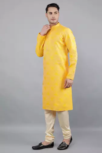 mustard colour woven design kurta sets