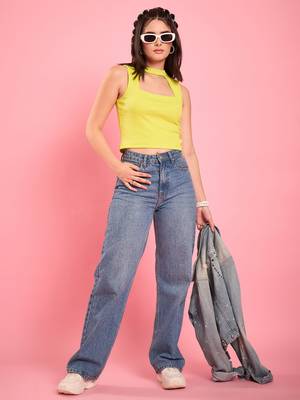 Lime cut-out high neck crop top 2