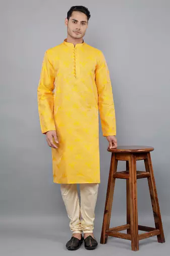 mustard colour woven design kurta sets