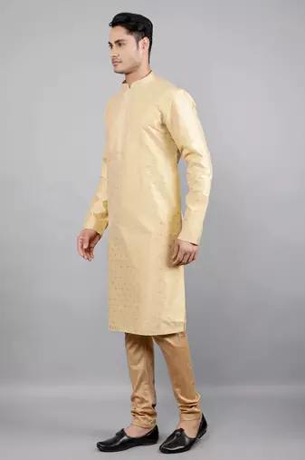 beige colour jacquard design kurta sets