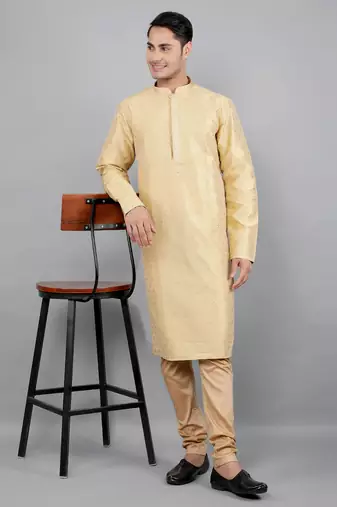 beige colour jacquard design kurta sets