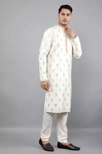 cream colour woven design kurta sets