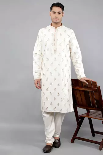 cream colour woven design kurta sets