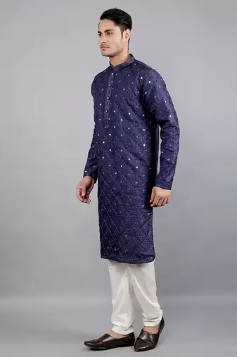 navy colour woven design kurta sets