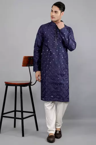 navy colour woven design kurta sets